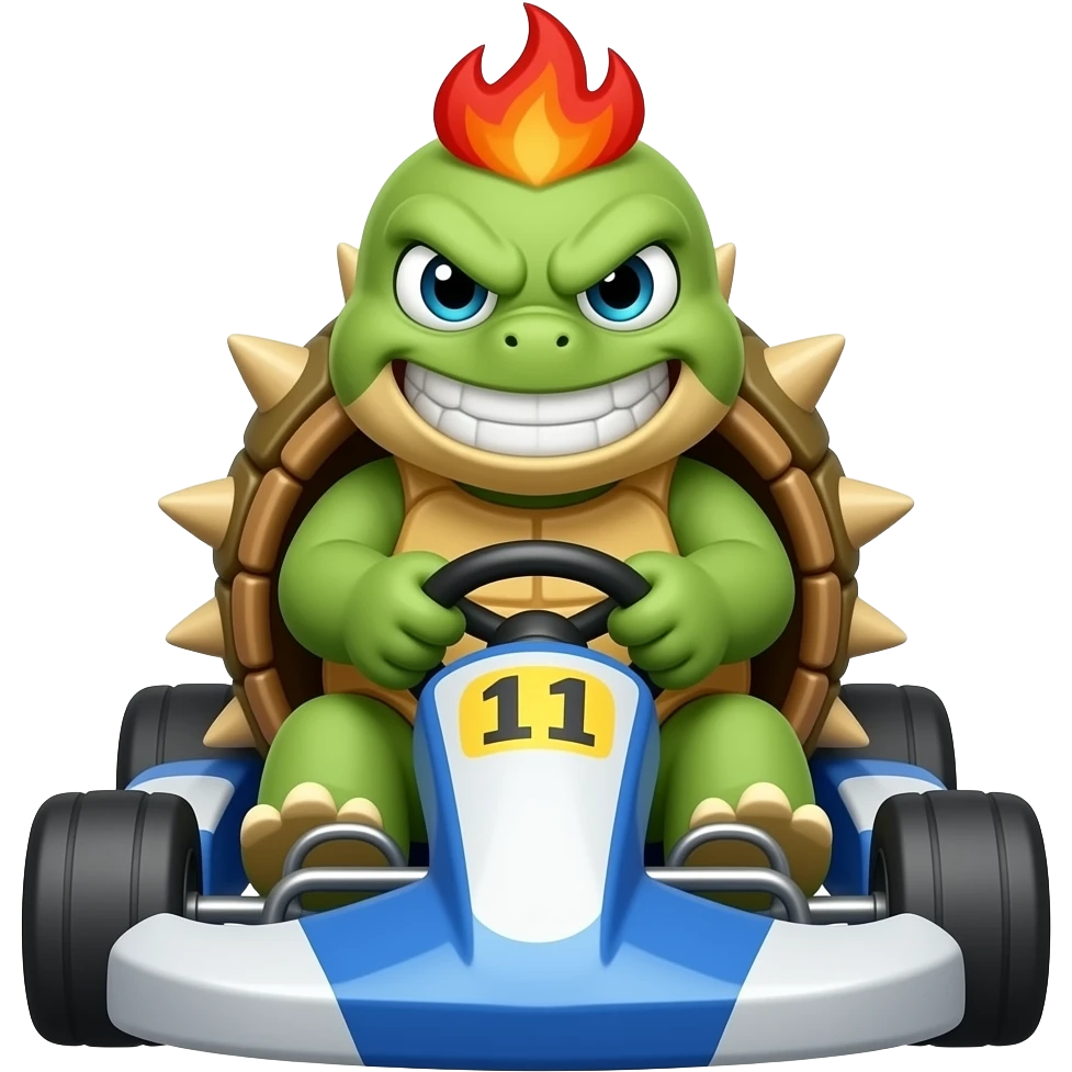 an angry smiling big turtle with spikes on its shell and red flames hair driving a kart, front view emoji