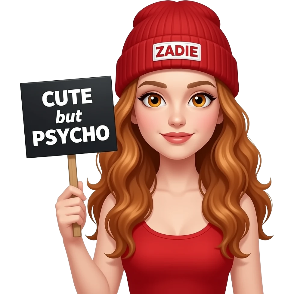 sexy girl with overlong wavy ginger hair and ginger eyes wearing a red tanktop and a red beanie with ZADIE written on it, is holding a black sign with CUTE but PSYCHO written on it emoji