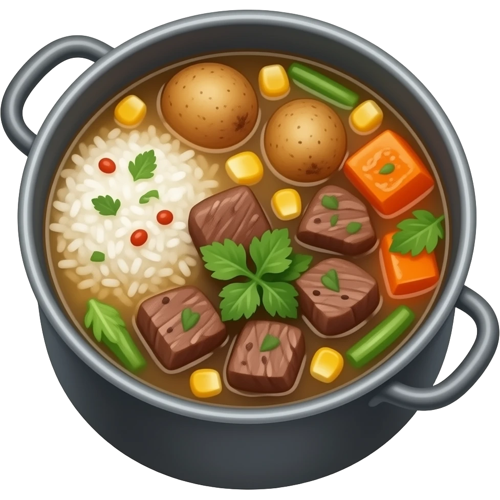 cazuela chilena de vacuno con carne y choclo y zapallo y sopa y papas y arroz emoji