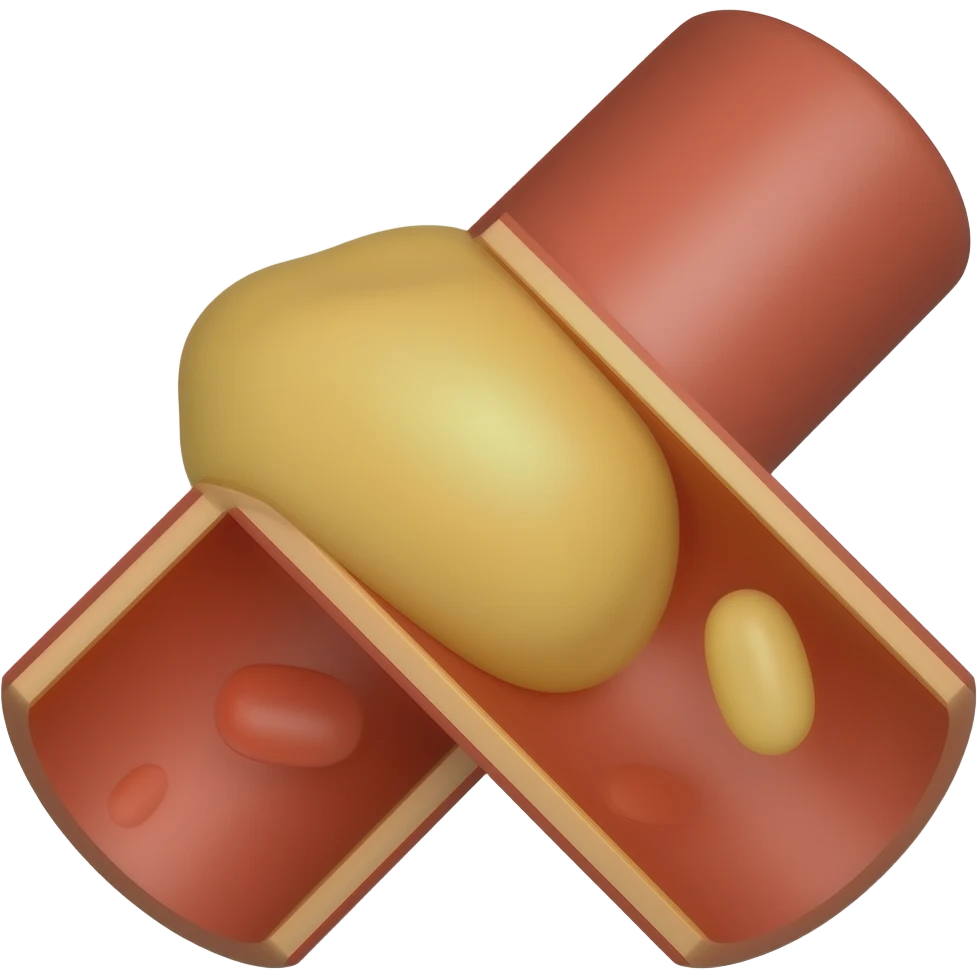 small yellow adipose mass inside redish tube partially blocking blood cells flow. diagonal cut emoji