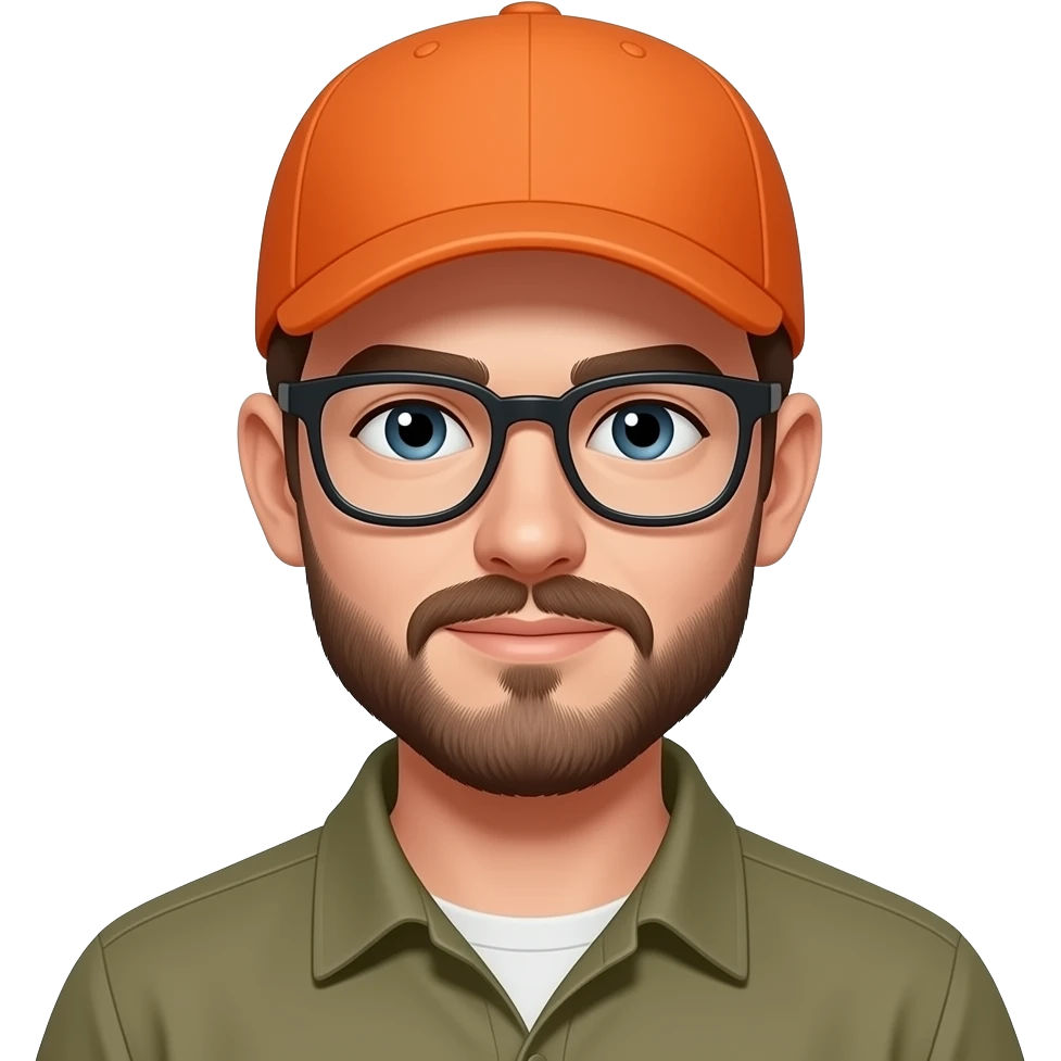 survivalist with orange cap, with glasses, with short beard and mustache, 25 yearsold emoji