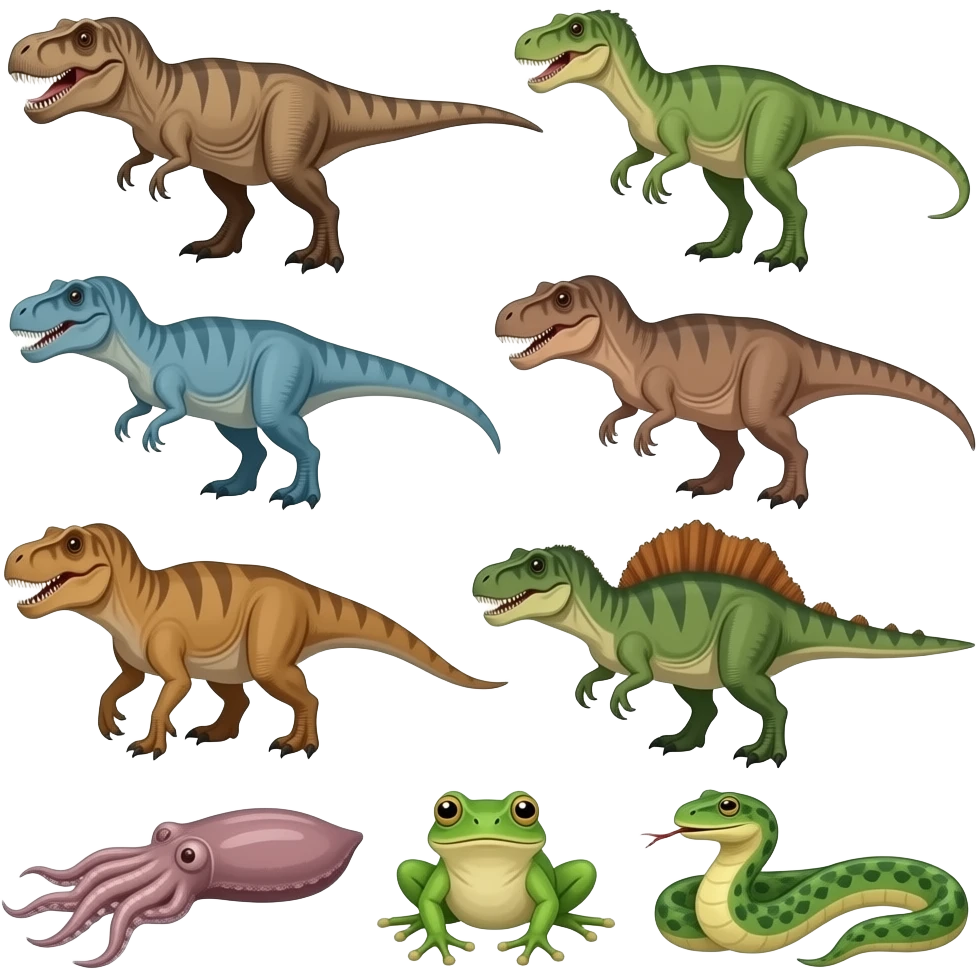 T. rex,velociraptor,giganotosaurus,carnotaurus,majungasaurus,rugops,therizinosaurus,cuttlefish,tree frog,pit viper hybrid emoji