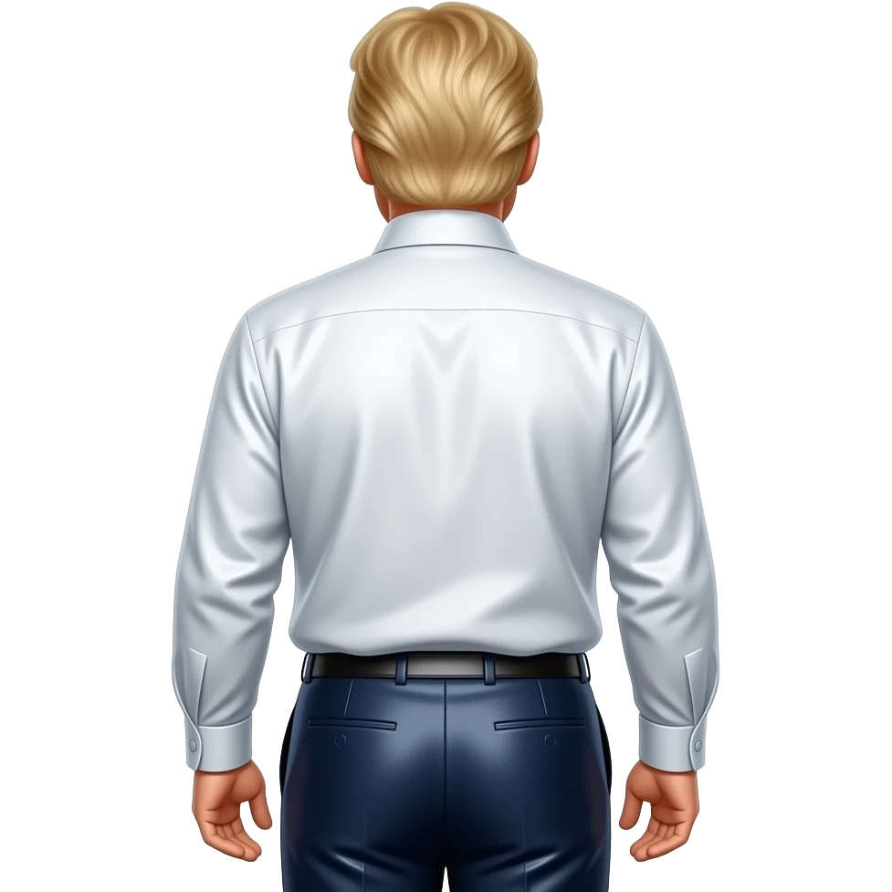 Donald Trump from behind with white metallic dress shirt, navy metallic dress pants emoji