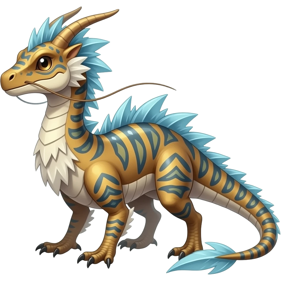 scaly shiny frilled spiky frilly feathery raptorik finned patterned tribal-patterned digitigrade quadrupedal Vaporeon-Salandit-Glaceon-hybrid with long thin dragon whiskers emoji
