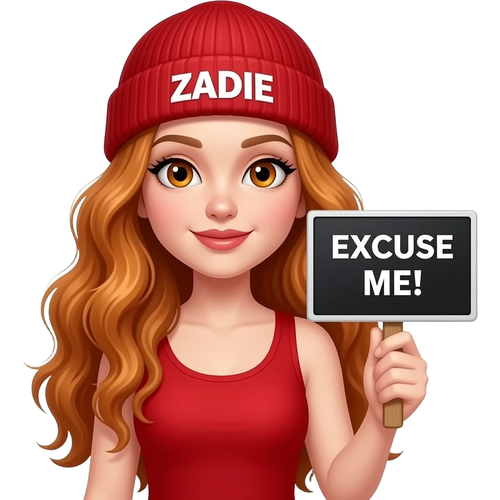 sexy girl with overlong wavy ginger hair and ginger eyes wearing a red tanktop and a red beanie with ZADIE written on it, is holding a black sign with EXCUSE ME! written on it emoji