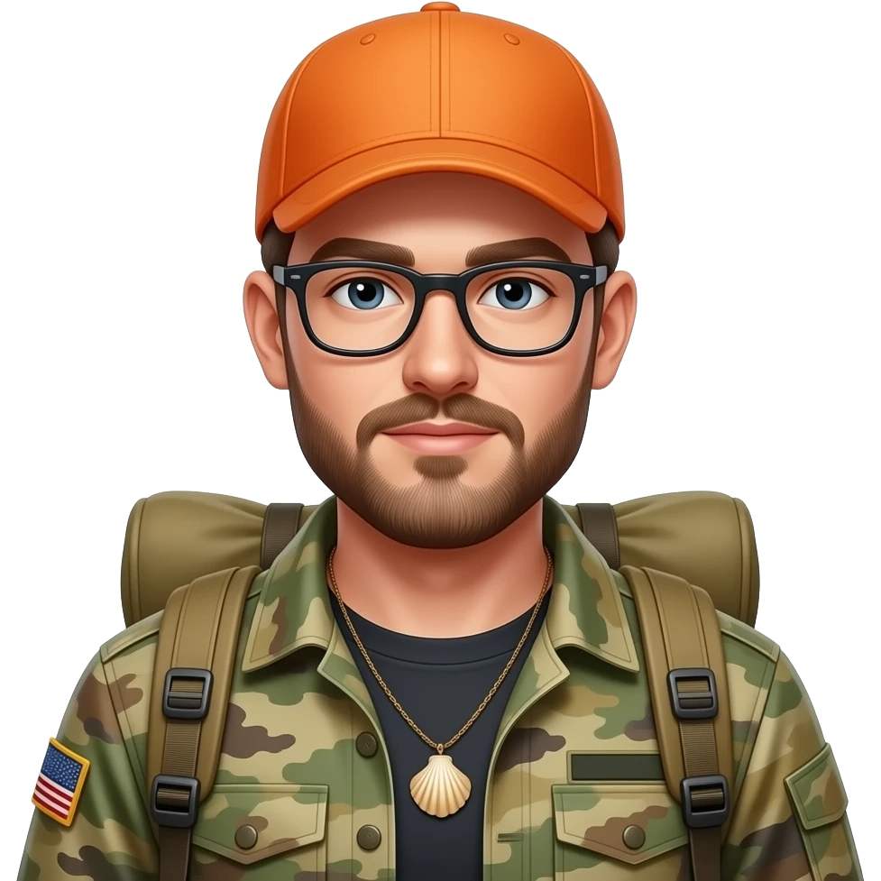 survivalist with orange cap, with glasses, with short beard and mustache, 25 yearsold, military jacket and backpack seashell necklace emoji