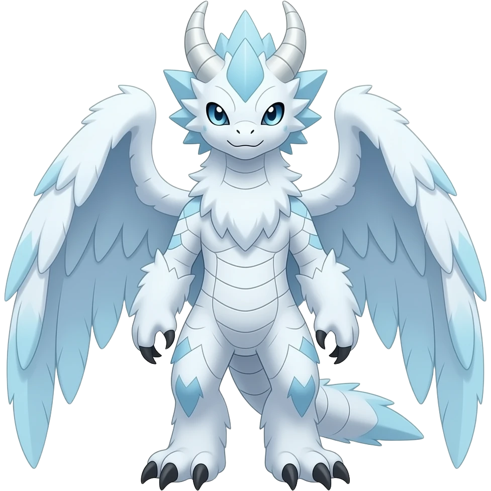 Cold cool icy wintery cozy fuzzy furry fluffy snowy white albino flaky beautiful gorgeous attractive pretty Raptorik scaley feathery horned Amaura-Wargreymon-Aurorus-ExVeemon-WereGarurumon-Pokémon-Fakémon-hybrid-fusion-creature, full body emoji