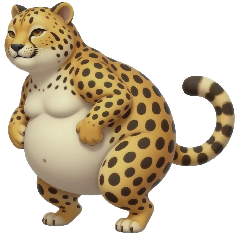 A strolling fat pot-belly cheetah,while being cheeky with her twerking butt,Her giant bulging sleek tummy is forever swinging & swaying sideways,she is so full that she wobbles,she is waddling from a big heavy belly,that cheetah ate way too much. emoji