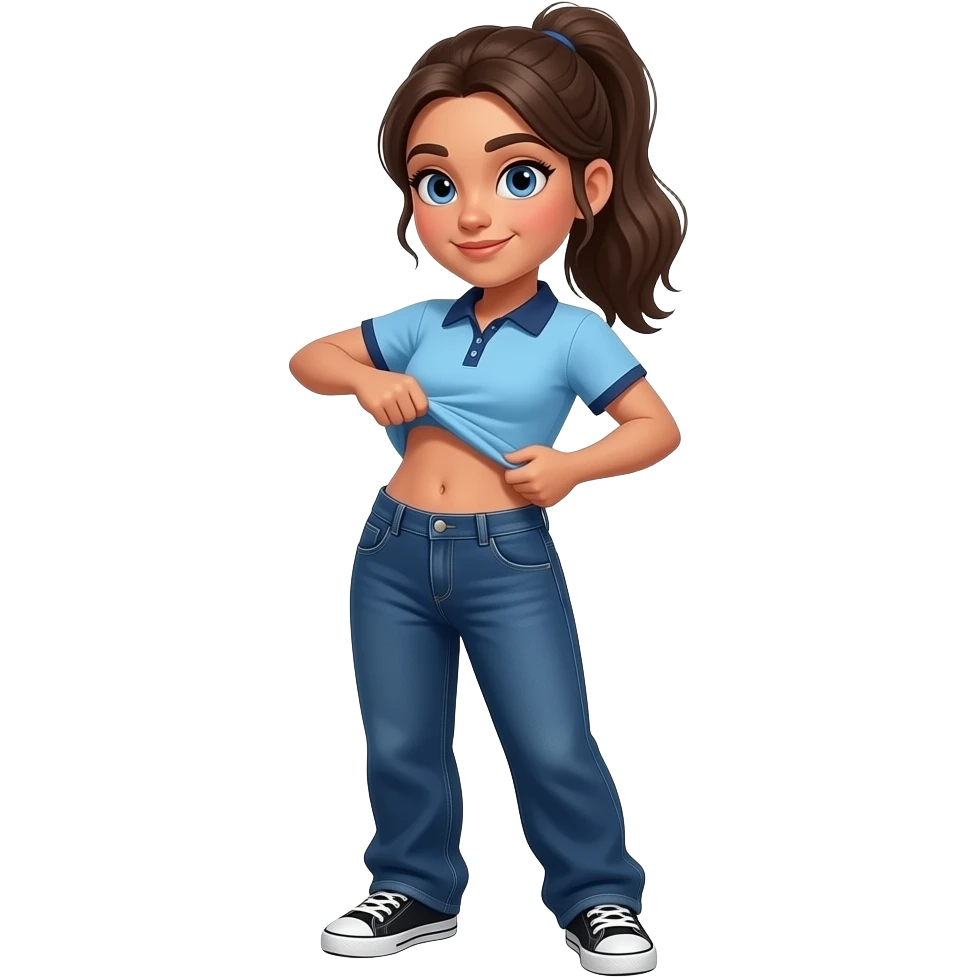 17 year old hispanic woman with brown ponytail and blue eyes light blue dark blue lined polo and dark blue baggy jeans and belly button and black and white sneakers lifting her shirt funny belly trick emoji