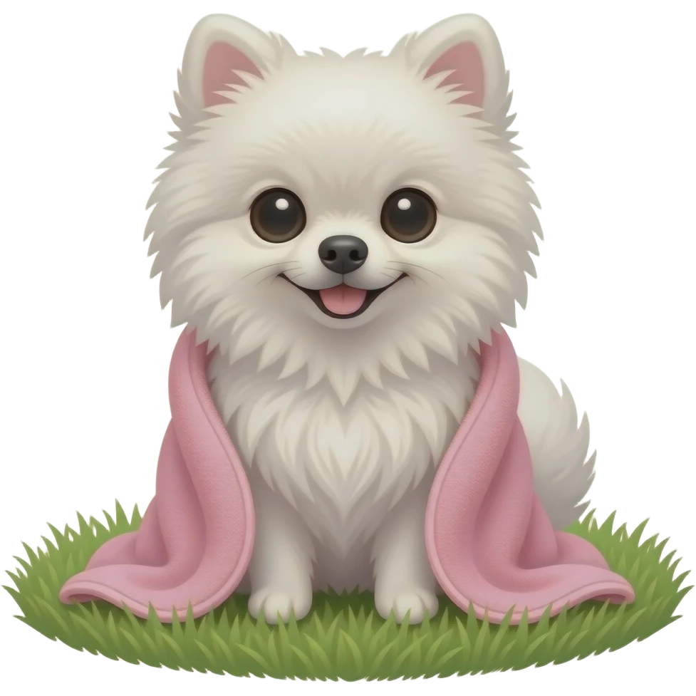 A Pomeranian dog wrapped in a pink towel sitting on the grass in the yard emoji
