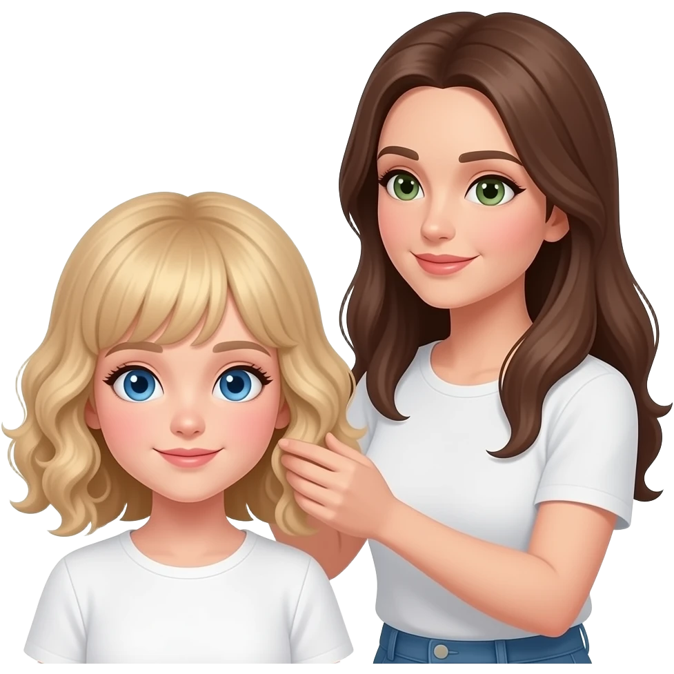 white kid blue eyes mid length hair to shoulders with bangs soft curly hair to shoulders in color: middle to little darker blond. With her mother, a mother white with hazel green eyes and level 7 hair brown hair long to her chest. fixing little girls hair emoji