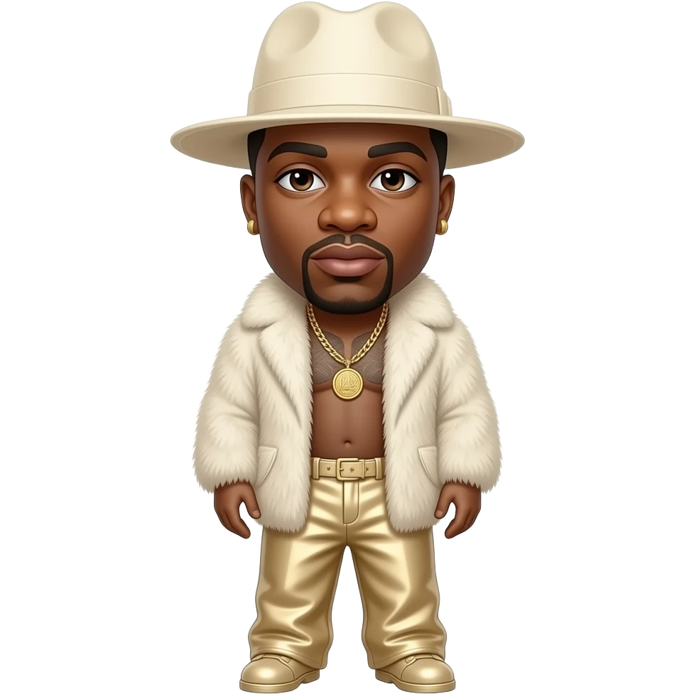 The Notorious B.I.G. with dark brown eyes, black buzz cut hair, ivory hat, ivory fur shawl, ivory metallic baggy pants, shirtless with necklace and earrings emoji