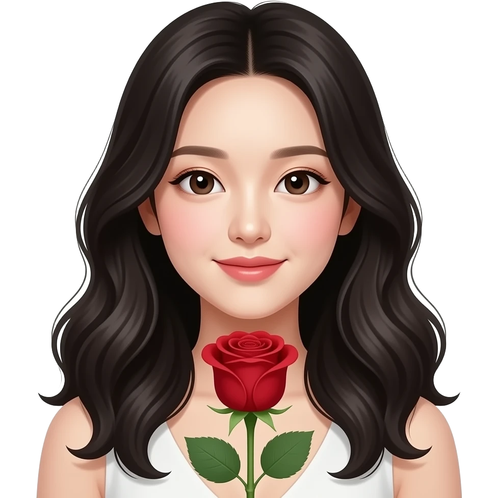 Mujer coreana recibiendo una rosa, que la chica sea piel muy clara, cabello ondulado y negro y con ojos asiáticos emoji
