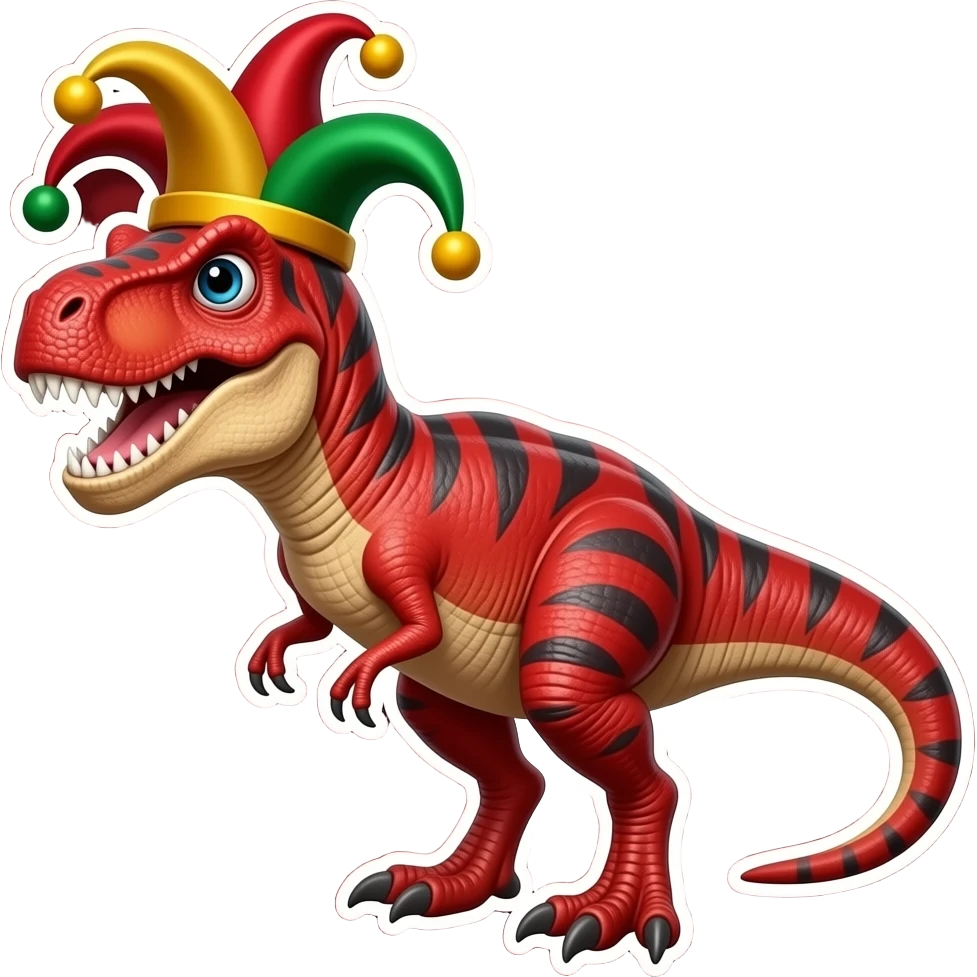 злой красный велоцираптор в шляпе шута на темно-красном фоне emoji