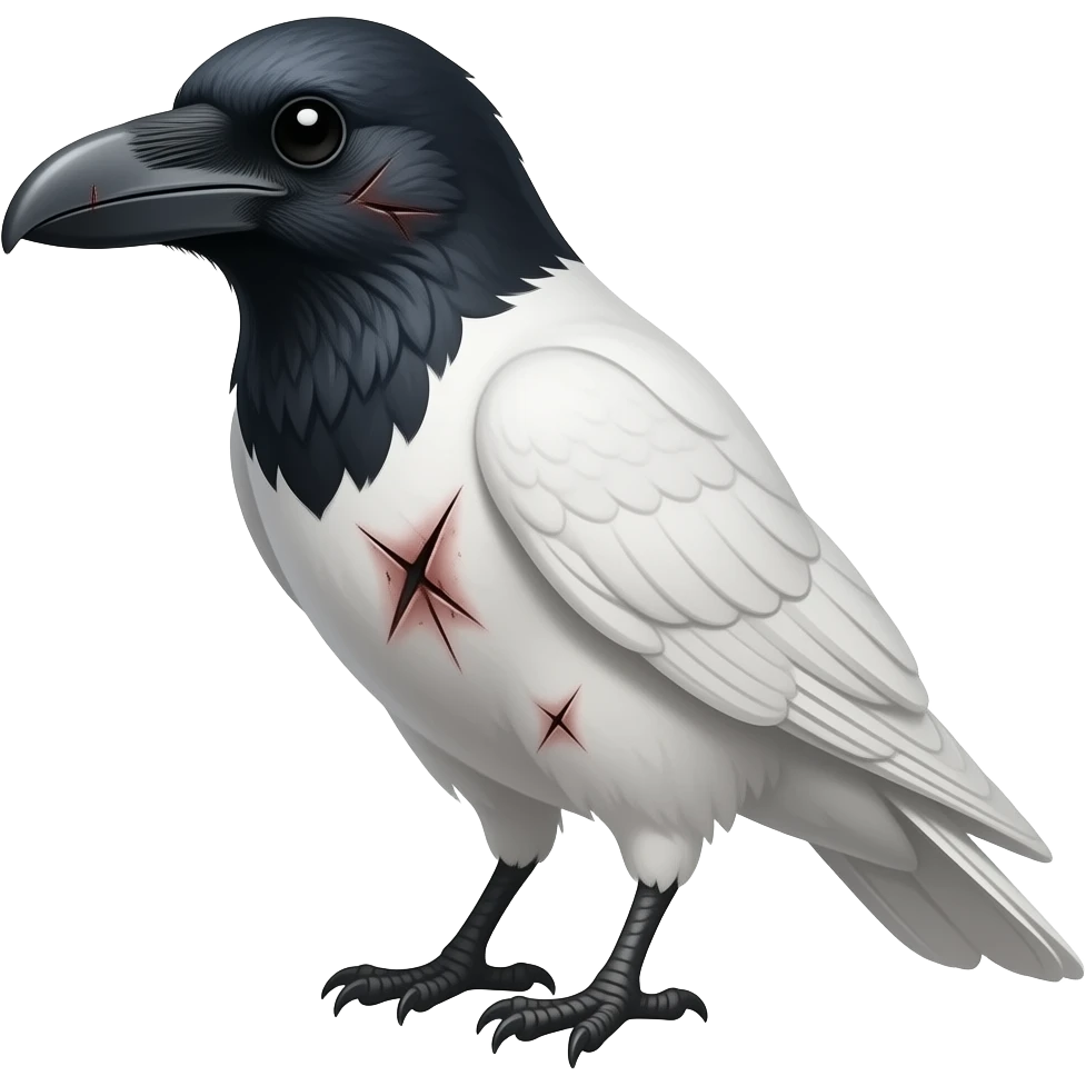 White crow with lots of scars and scratches emoji side profile head with a large scar from cheek to chest emoji