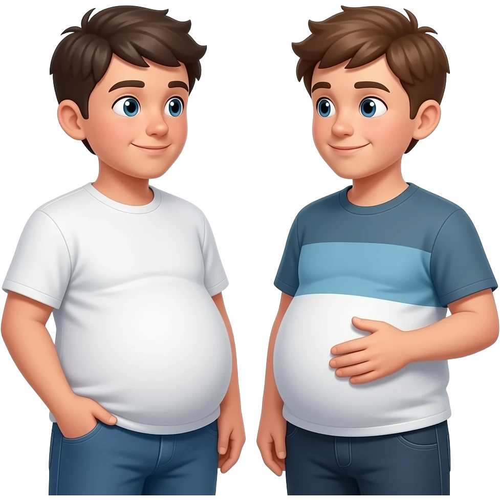 2 Chłopaki mają 16 lat z dużymi brzuchami te brzuchy mają kształty w kula i rozmawiają emoji