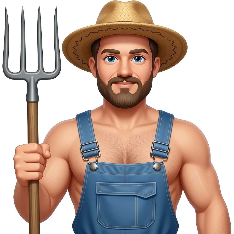 Erstelle ein Portrait von einem muskulösen nackten Mann Farmer mit Hut, er hat eine behaarte Brust und Bart, seine Brust soll gut mit auf dem Bild zusehen sein und er hat eine Mistgabel in der Hand emoji