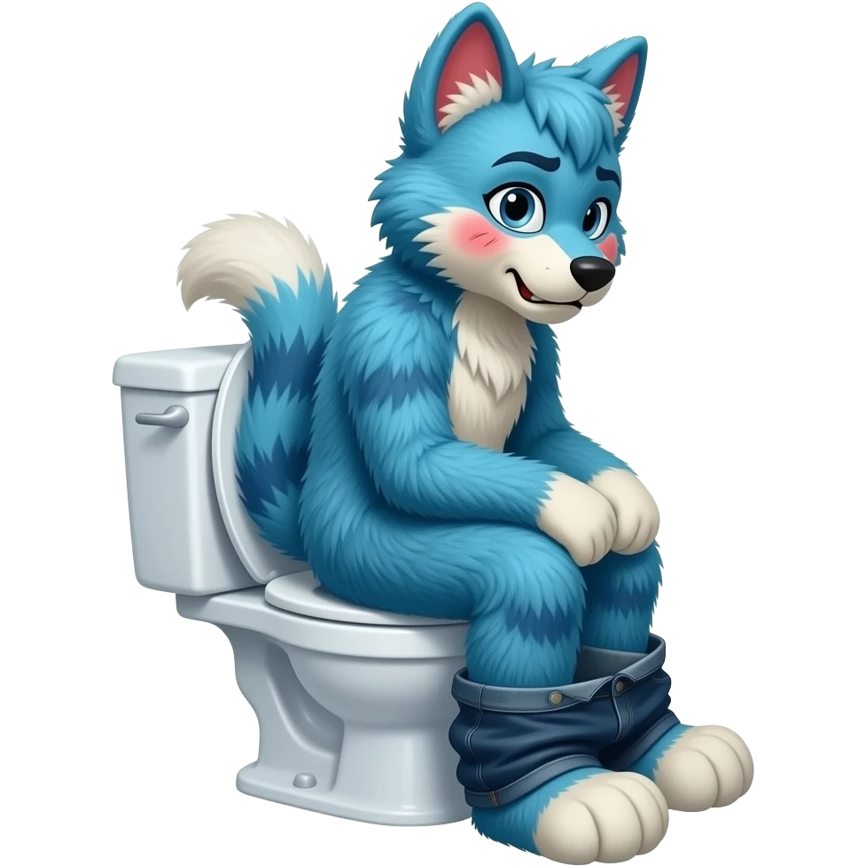 blue fursuit sitting on toilet, side view, pants down, straining red face emoji
