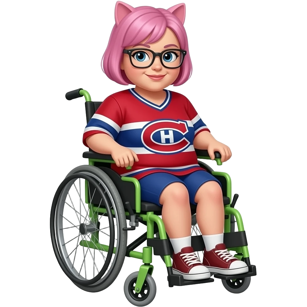 fat woman with very short pink hair and cat eye glasses canadiens jersey lime green electric wheelchair emoji
