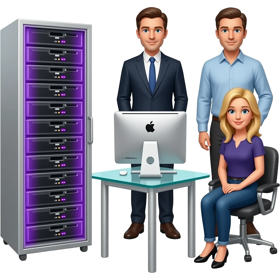 background is a silver server cabinet with purple lighting, in the foreground is a glass table and an imac computer, two men are standing, gray hair, black glasses, black hair, silver glasses, dressed in white pants and a polo shirt, a blonde girl is sitting at the table, emoji