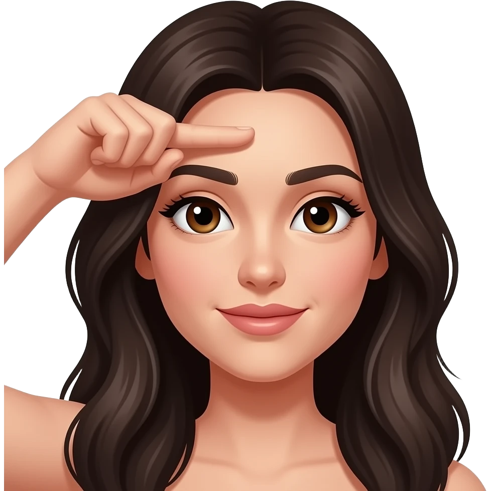 Woman with dark long hair brown eyes making L fingers for loser on forehead emoji