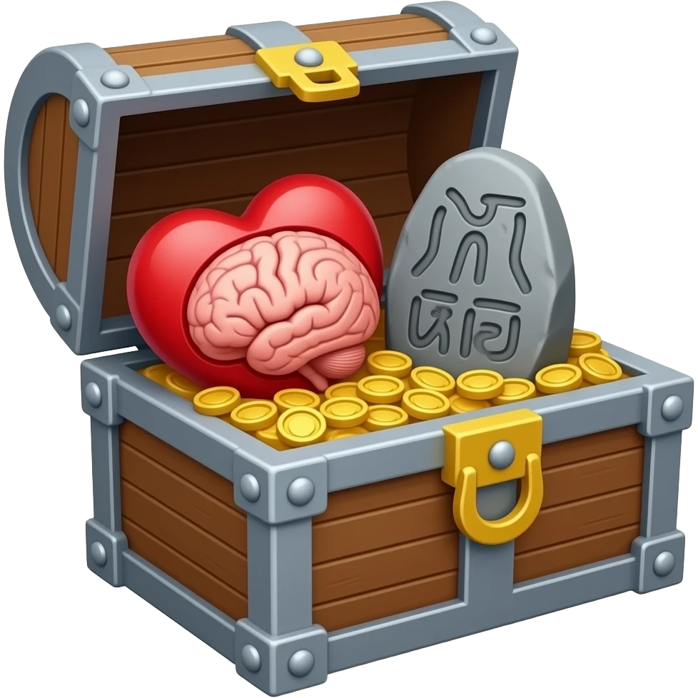 make me an emoji with a treasure chest with a heart in it and in the heart there is a brain and in the brain there is a stone with ancient writing on it emoji