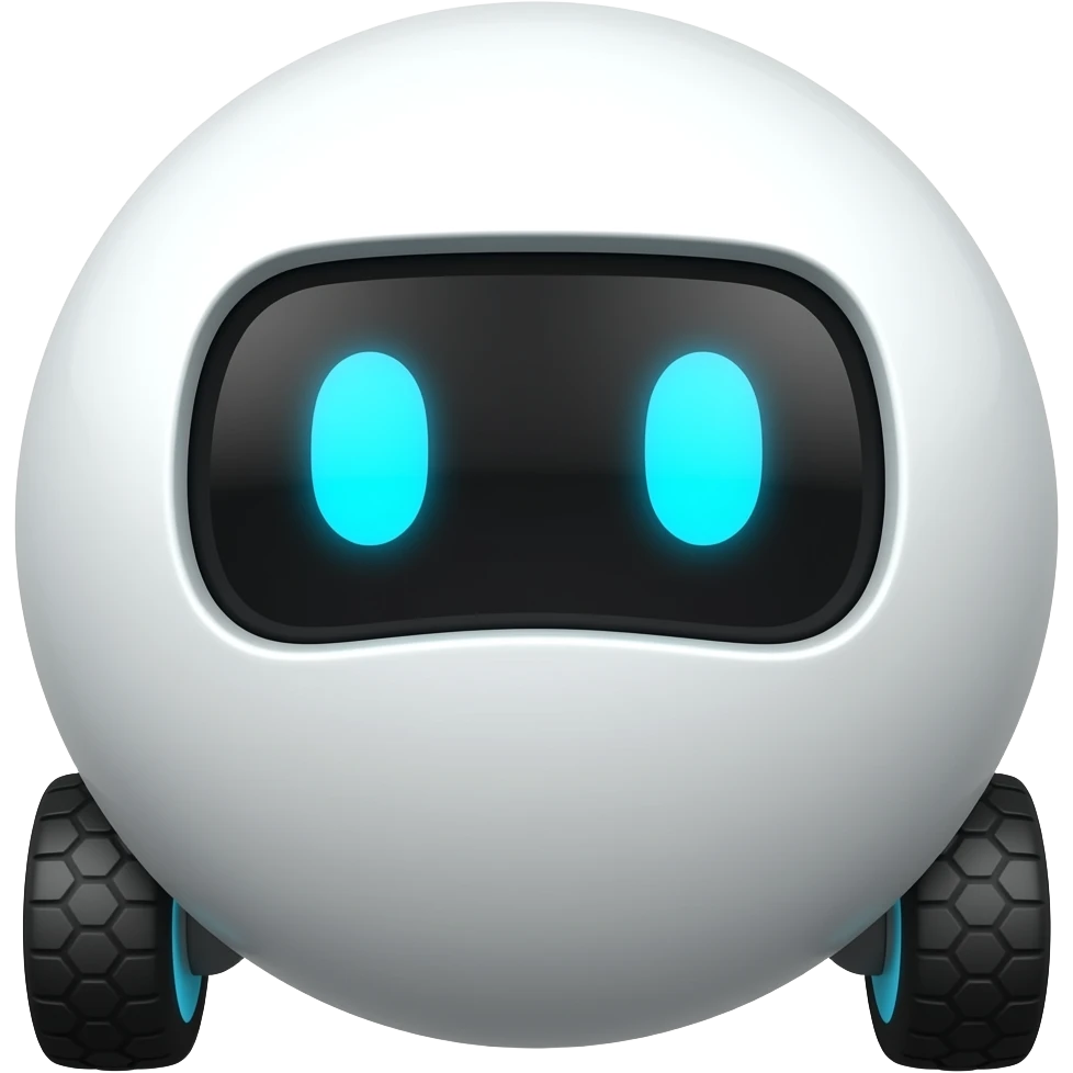 A wheeled white sphere with a display showing blue eyes and a camera in the front emoji