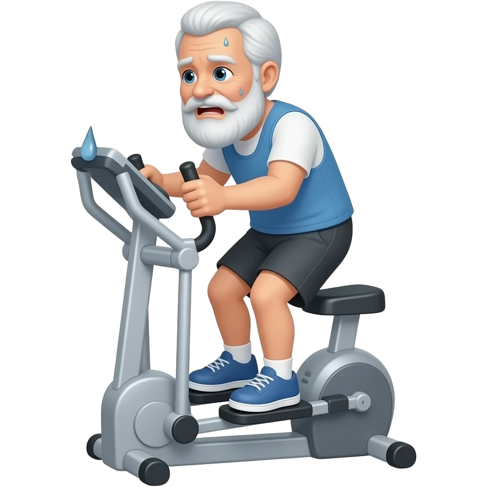 Vithårig med snagg äldre man på encrosstrainer som svettas väldogt myckey emoji