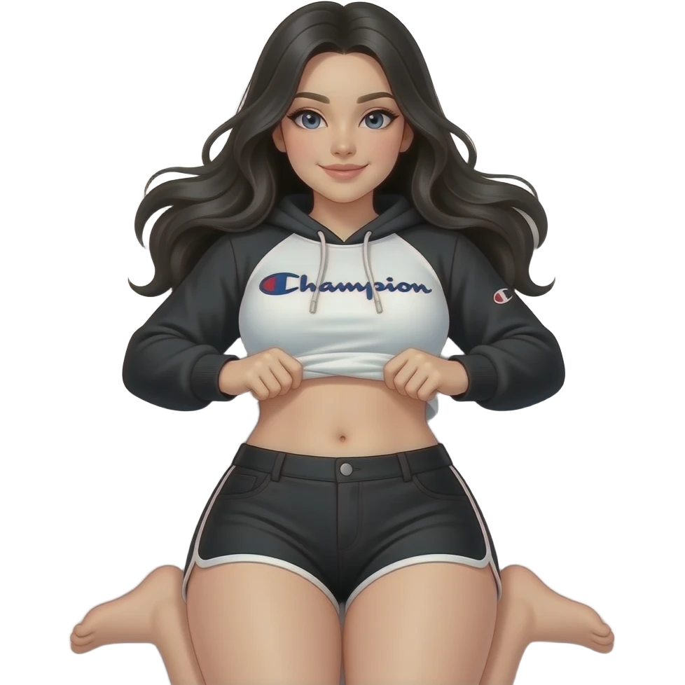 White girl with long black hair, black and white cropped champion hoodie with black arm sleeves, black high shorts, and a bit of a chubby body lifting her shirt to show her belly laying down on on the pillow to bed and showing feet emoji
