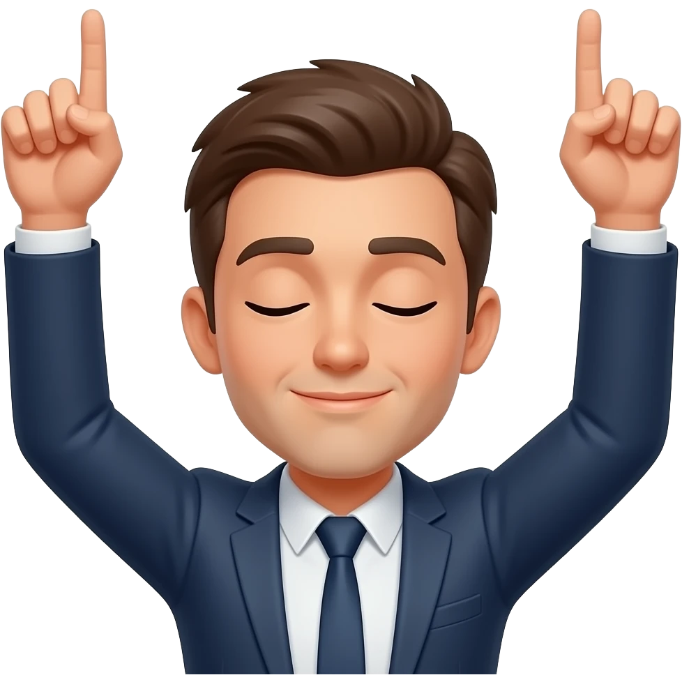 Emojis rond  blazer avec les deux bras levés vers le ciel, les index pointés vers le haut, les yeux fermé, fond blanc, style emoji de blazer , avec que la tête et enleve  le corp emoji
