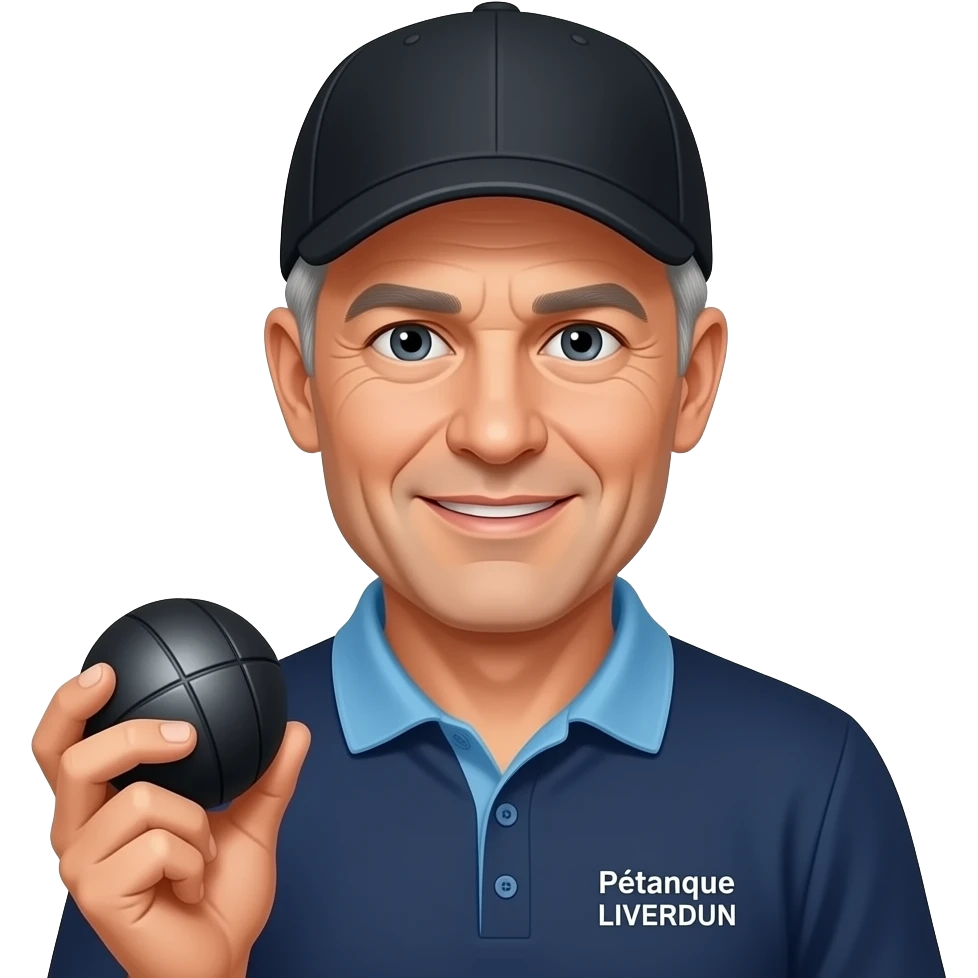tête homme 50 ans sous casquette noire avec boule de pétanque sur maillot bleu foncé avec col trois boutons bleu clair épaules bleu clair coté droit Pétanque LIVERDUN, côté gauche "Péridon paysage" emoji