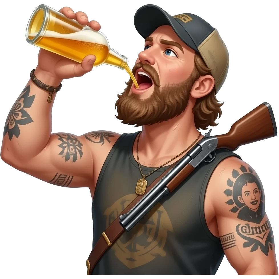 Portrait von einem nackten, typischen redneck mit alten cap und tattoos. Er ist maskulin, behaart. Seine Haut ist staubig und verschwitzt. Er gießt sich von oben ein Bie in den offen Mund, er hat eine Schrotflinte um seinen Rücken umgehängt. Er hat ein ungepflegten, zottligen lange Bart. emoji