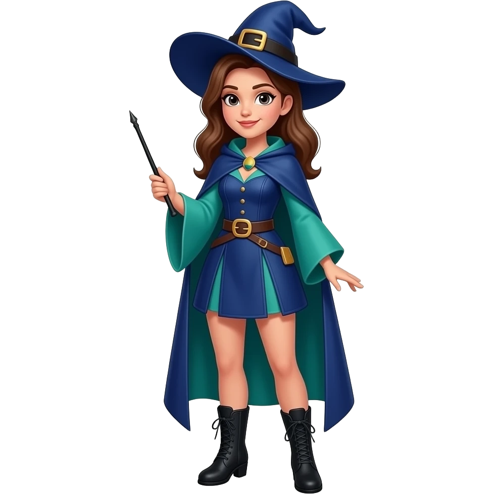 A full body White/Fair skinned woman with brown hair and brown eyes and wearing a Blue and green Witch outfit with black ankle boots and holding a pure black wand. emoji