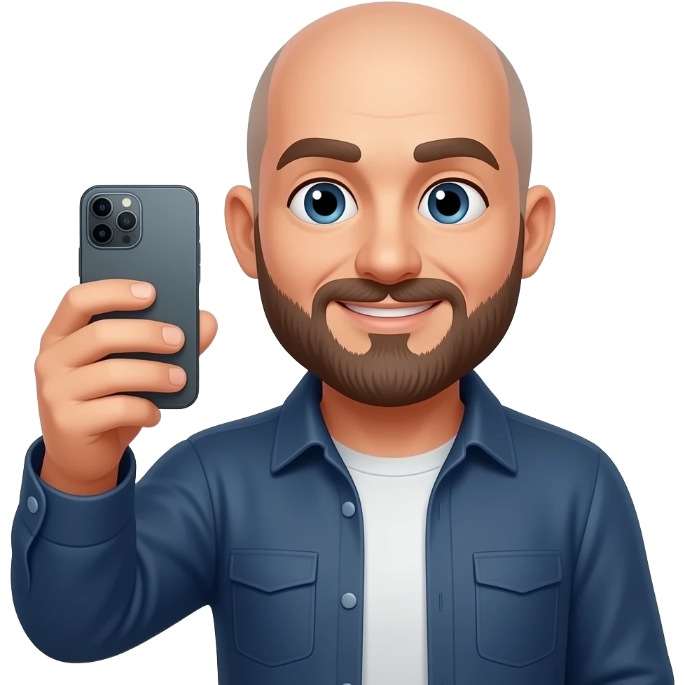 taking a picture of a bald guy with a beard with a foldable phone emoji
