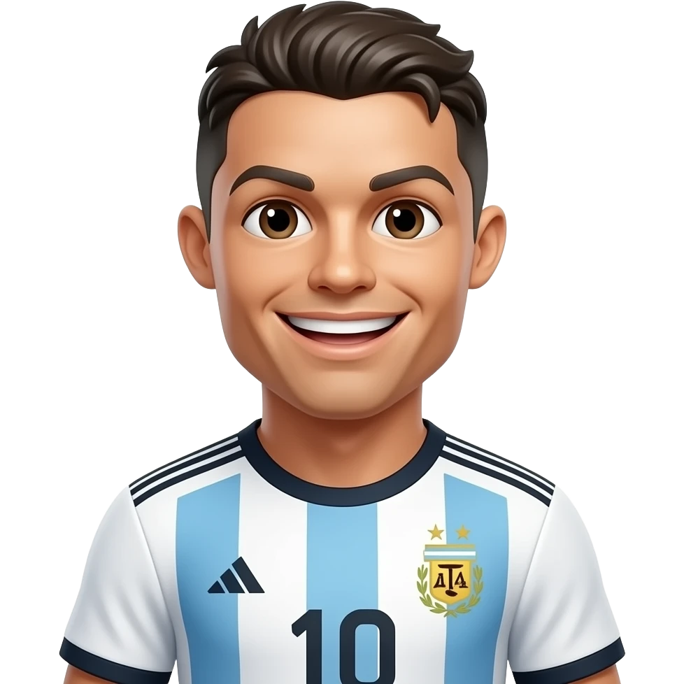 Cute 3D Ronaldo emoji wearing Argentina jersey, no trophy, confident smile, emoji generator style, white background emoji