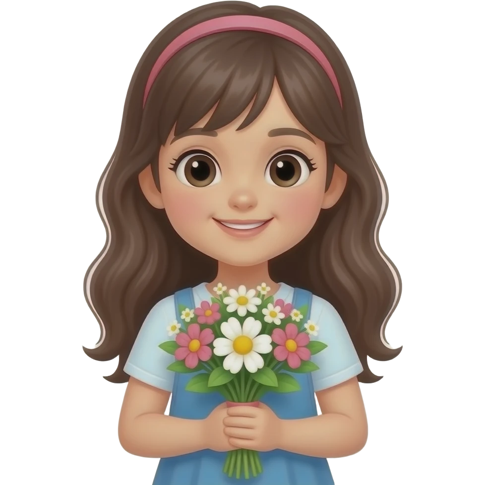 young cute girl holding flowers bouquet with both hands emoji