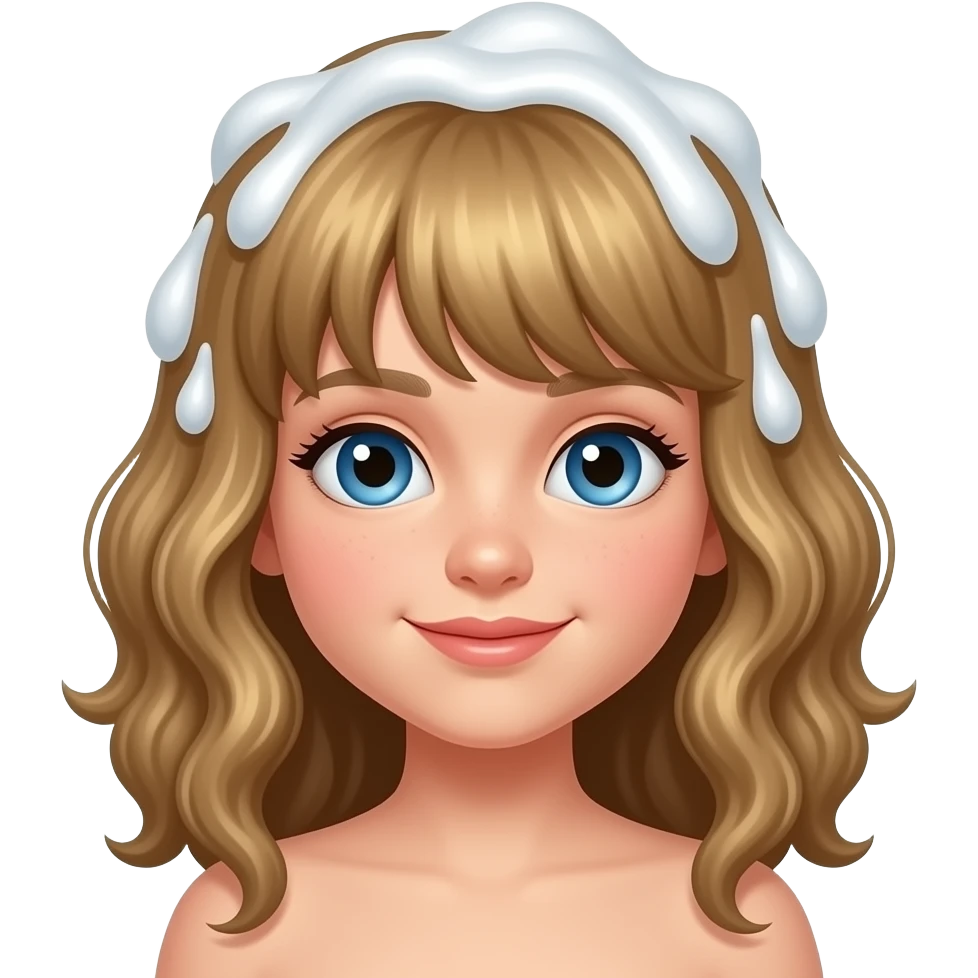 white kid blue eyes mid length with bangs soft curly hair to shoulders in color: middle to little darker blond, shampooing her hair emoji