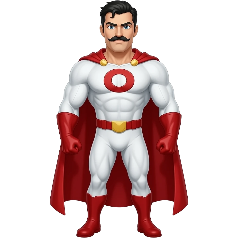 Omni-Man from Invincible. Focus on a strong, muscular figure with a prominent mustache and short black hair. He should be wearing a white suit with red accents—red gloves, boots, and a red cape—along with a bold 'O' symbol on his chest. emoji