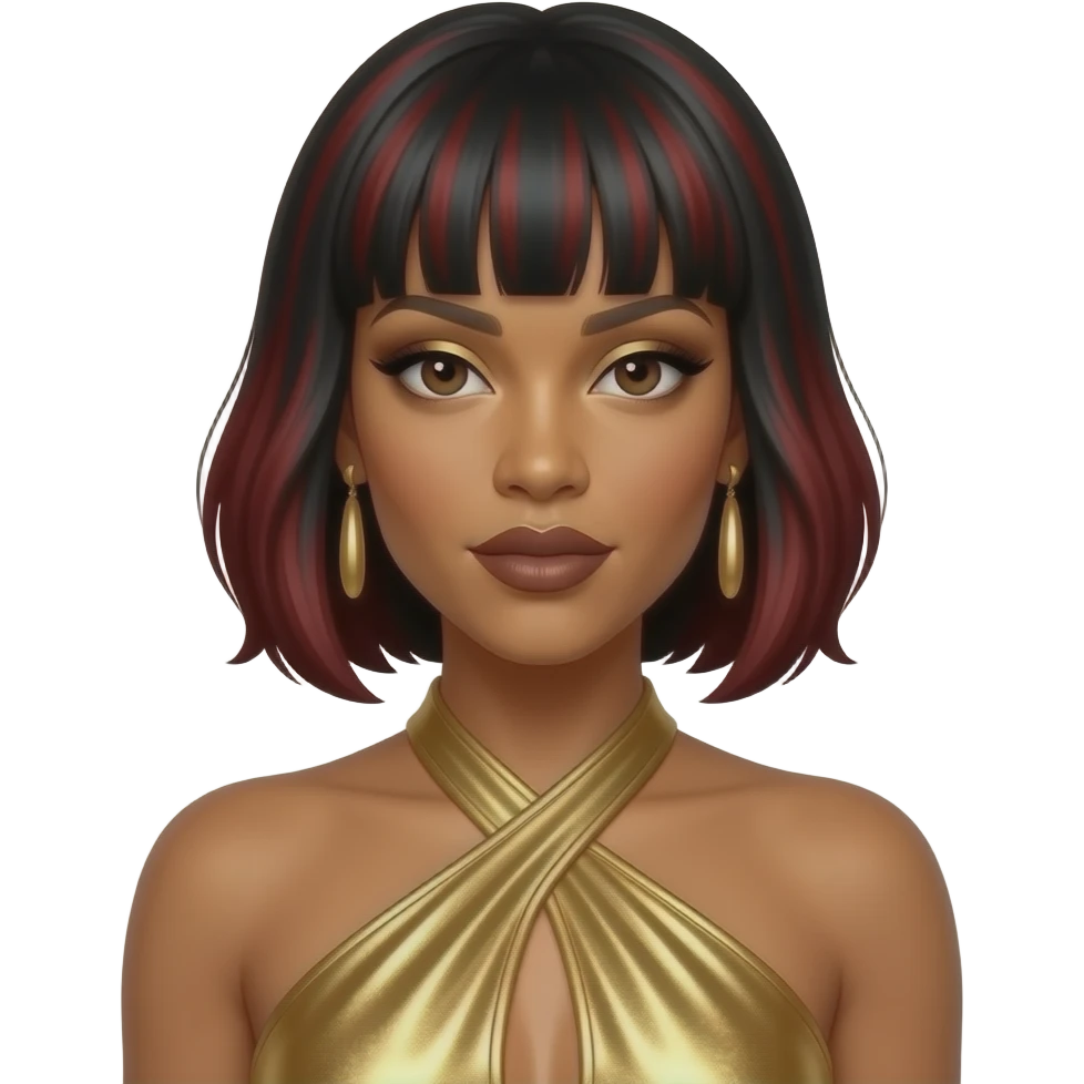 Kelly Rowland from Destiny's Child with dark brown eyes, dark red bang hair with black highlights, gold eyeshadow, dark brown lipstick, gold metallic halter dress, gold earrings emoji