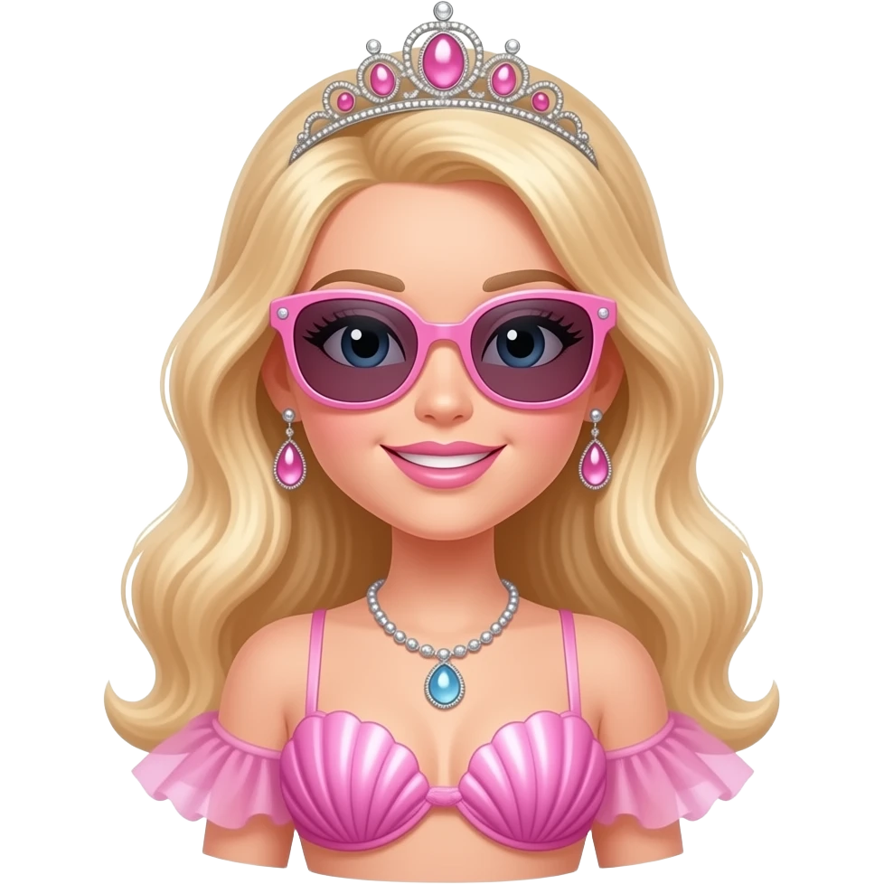 barbie merliah wearing a pink sunglasses a pink mermaid tail a pink Seashell bikini and a pink tiara emoji