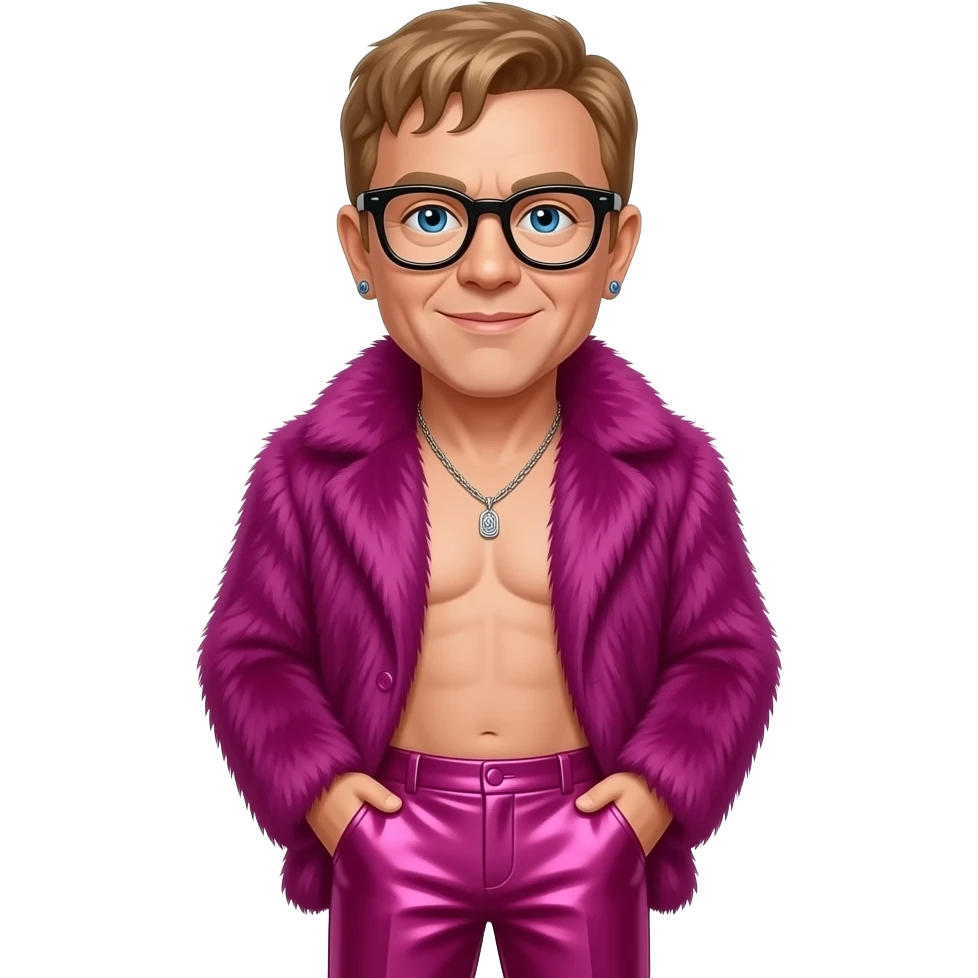 Elton John with blue eyes, light brown hair, black glasses, magenta fur shawl, magenta metallic baggy pants, shirtless with necklace and earrings emoji