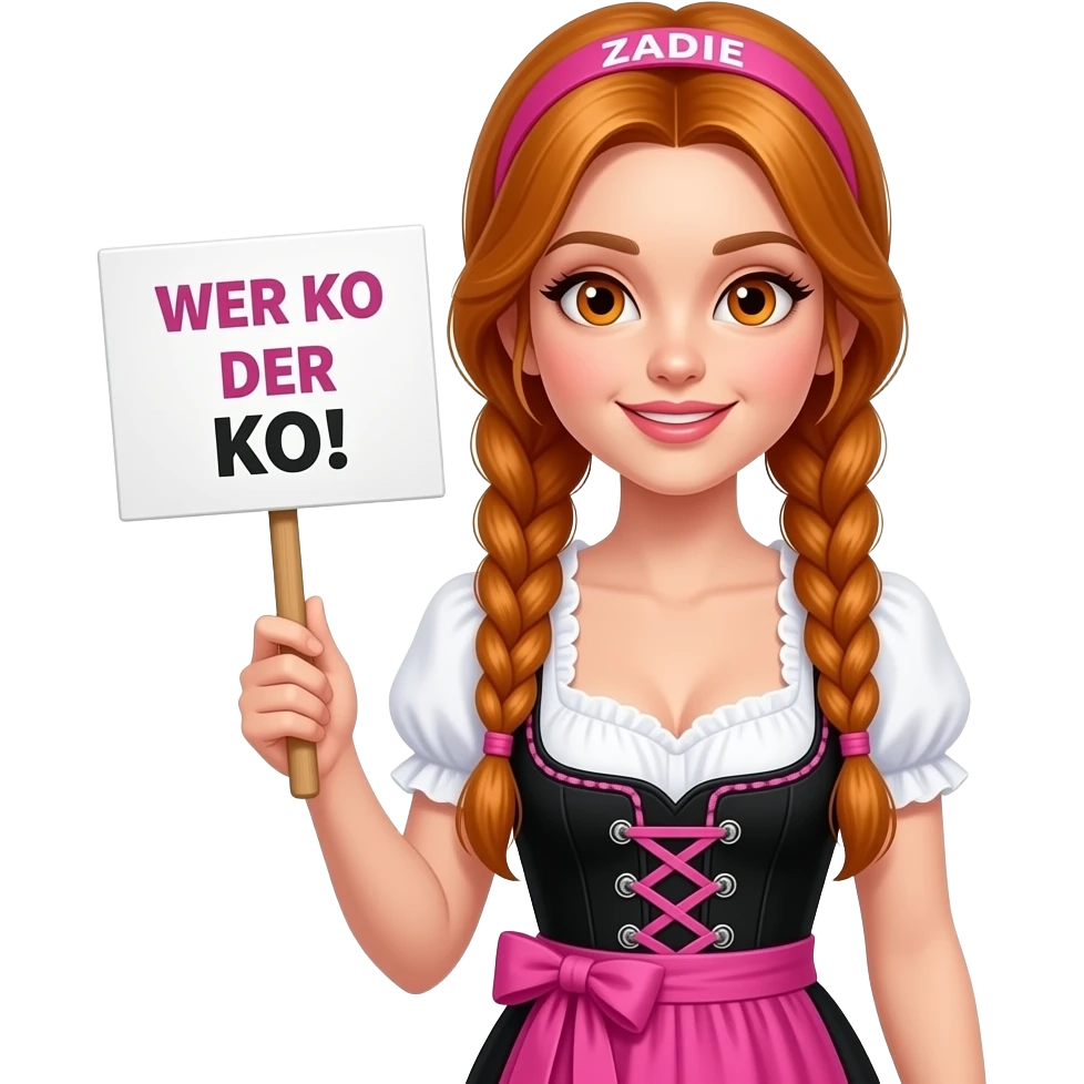 sexy girl with overlong ginger braids and ginger eyes wearing a black pink dirndl and a pink headband with ZADIE written on it, is holding a sign with WER KO DER KO! written on it emoji