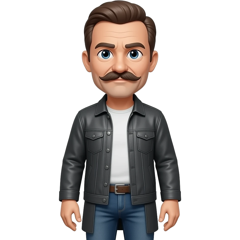 Hombre de 78 con bigote grande y mas oscuro calvo y pelo moreno con algo de abdomen pantalón vaquero largo cazadora emoji