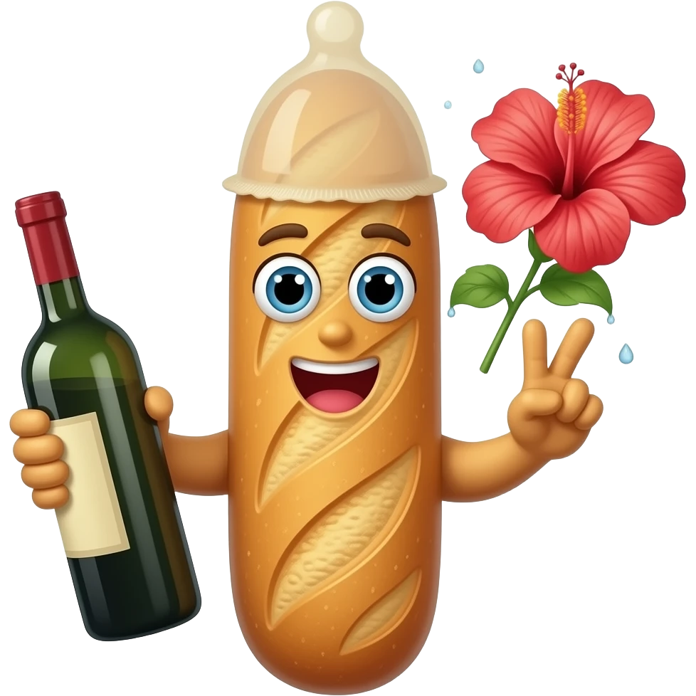Longue Baguette avec une bouche, des yeux et des bras. Elle a un preservatif sur le haut de la tete et une bouteille de vin dans la main. L'autre main a deux doigts tendus et collés juste sous un hibiscus qui a des gouttes d'eau autour emoji