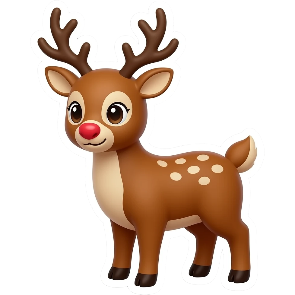 iOS-style emoji sticker of a Rudolph-inspired reindeer, cute brown deer with soft antlers and shiny red nose, simple glossy 3D emoji style, centered on white/transparent background, Christmas emoji look, eyes with visible iris, crystal-like detail and reflections (not solid black) emoji