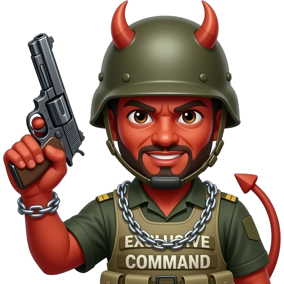 Demonio con un casco de militar y pistolas y también con una cadena que tenga el Comando Exclusivo emoji