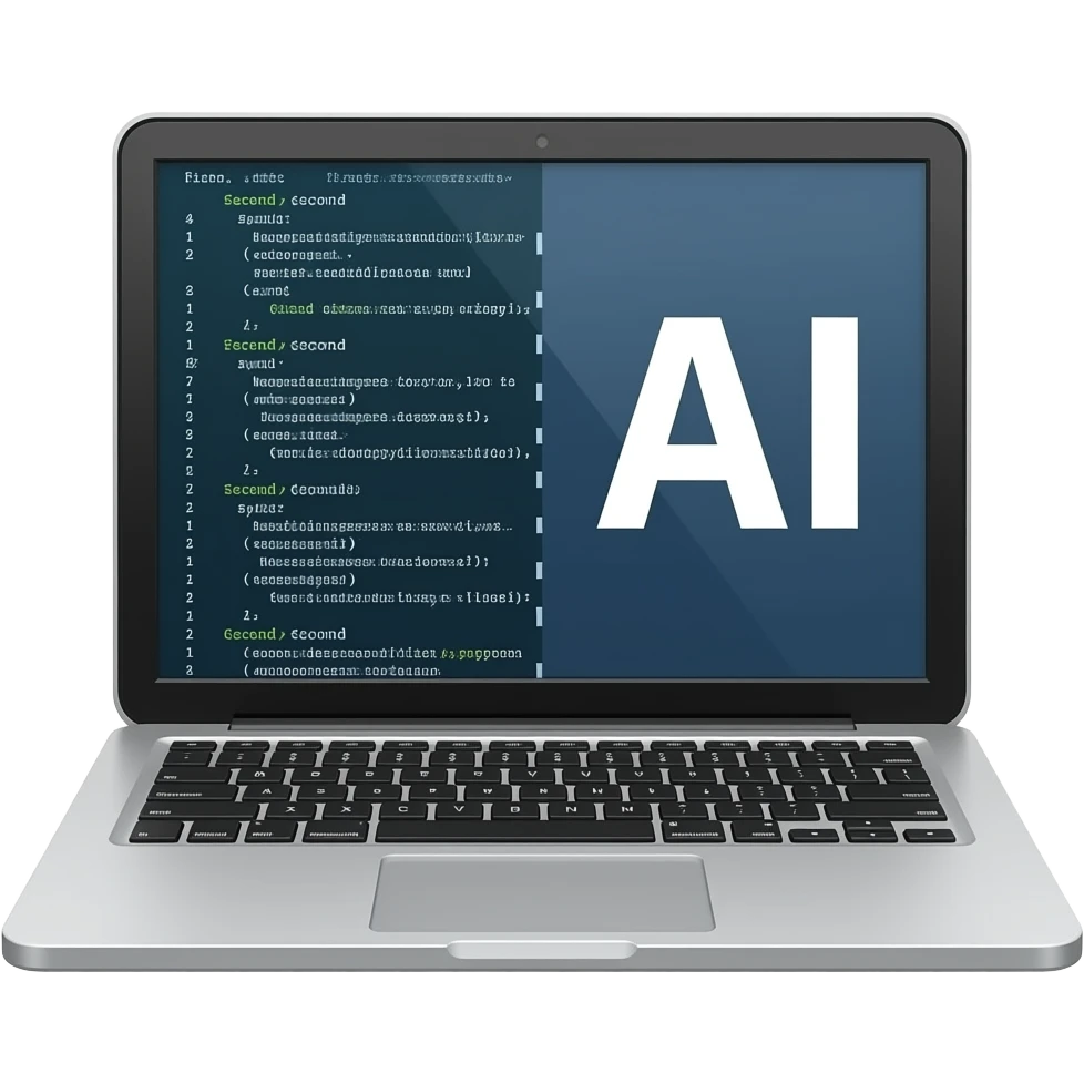 laptop with slitted screen: first half is a code, second half is ai emoji