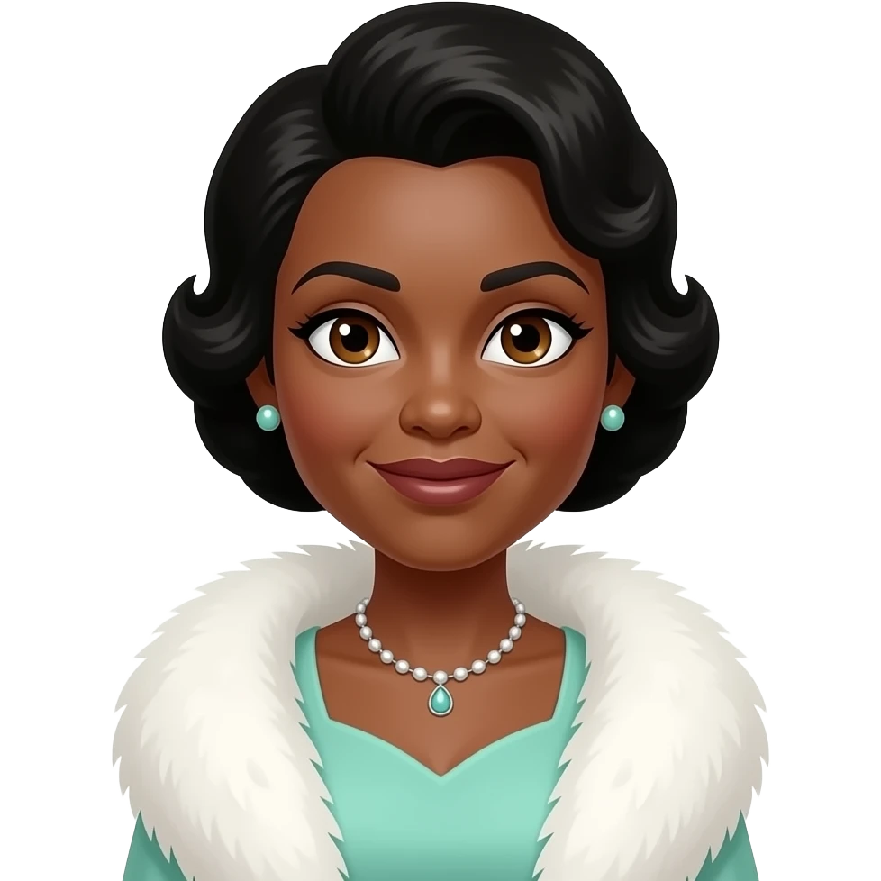 Mary Wilson with brown eyes, black beehive hair, mint green dress, white fur shawl, necklace and earrings emoji