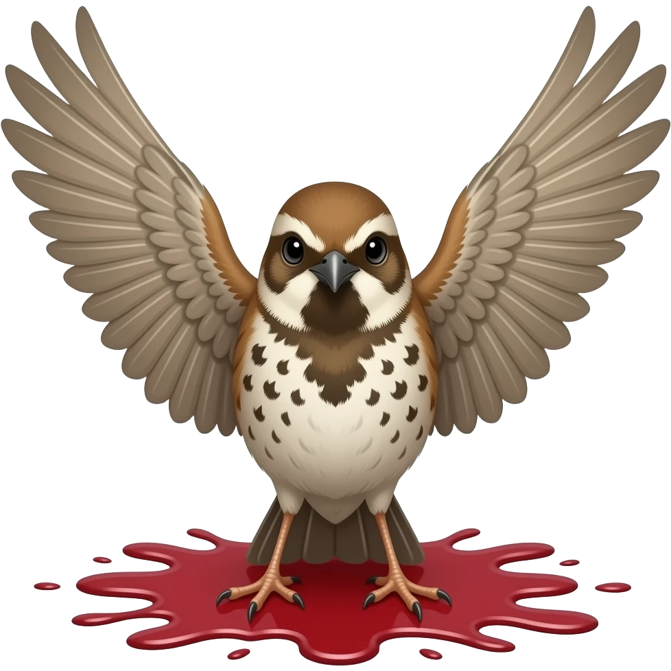 A 2D render iPhone emoji icon of a detailed Brown and red color 3D Render iPhone emoji png of a songbird pinned up with its wings sprawled out and mangled and blood underneath the bird emoji