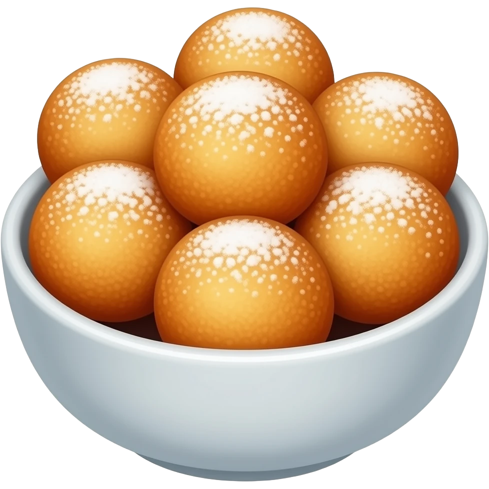 Buñuelo Cinematic Realistic Buñuelo Dessert Emoji, depicted as perfectly round, fluffy fritters served in a small bowl with a dusting of powdered sugar, rendered with vibrant textures and warm, inviting lighting. emoji